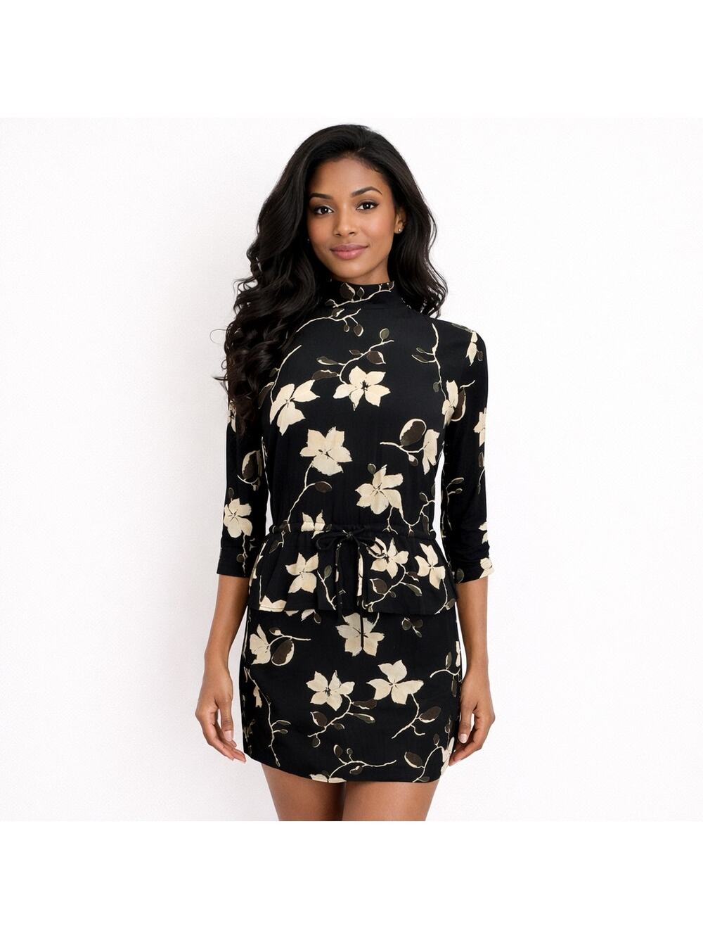 Ganni 1621 Rosemont Crepe Dress ¾” Sleeves Black Cream Floral Size 36 EU, 4 US